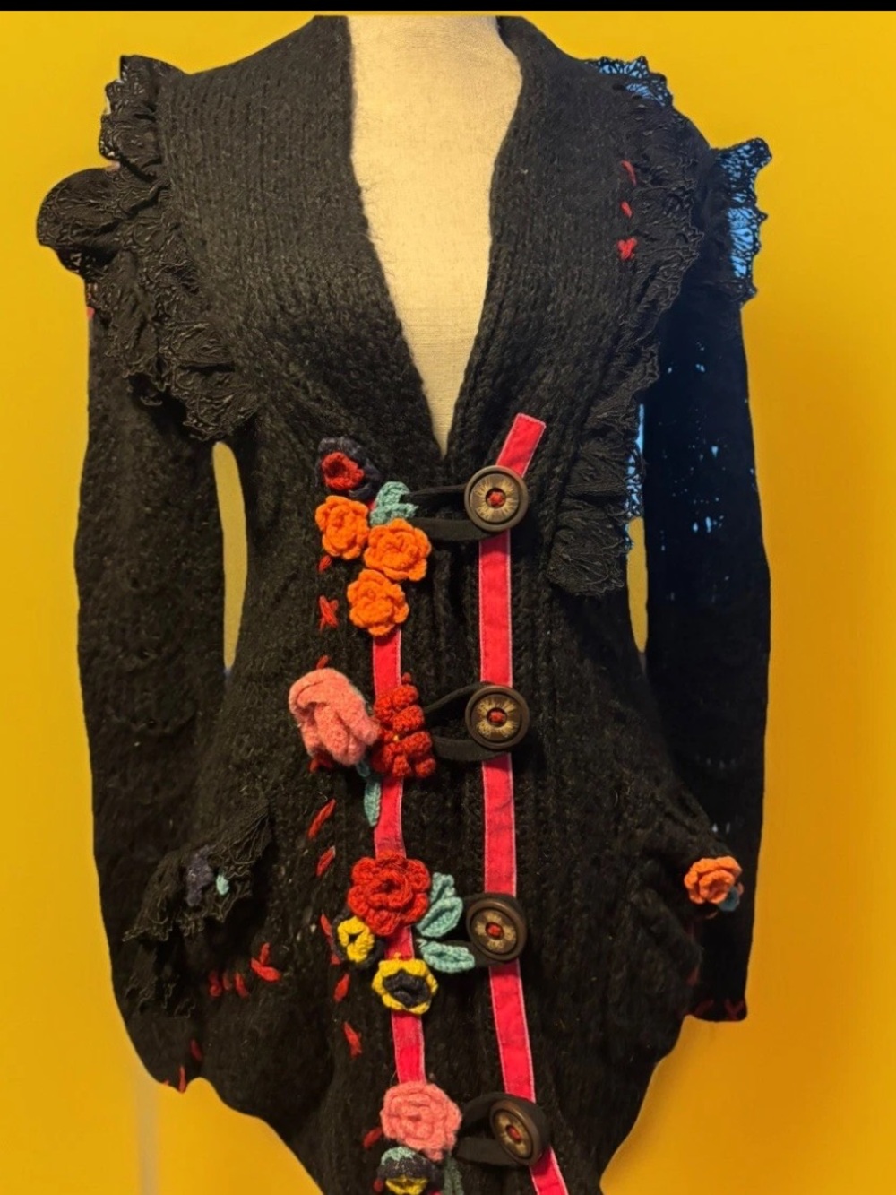 Vtg Betsey Johnson RUNWAY mohair lace ruffle sweater 90s cardigan anthro UO flor - Picture 2 of 11